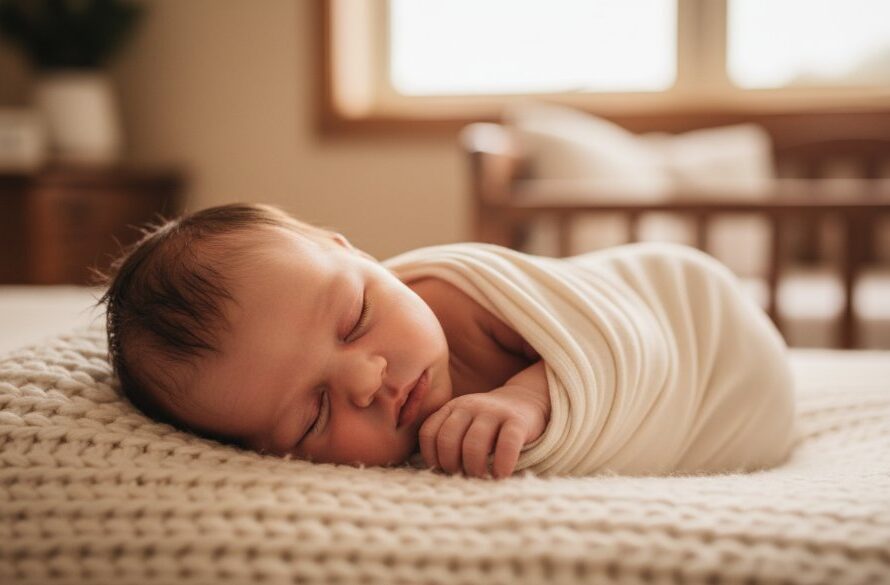 A serene newborn baby, wrapped in soft cream fabric, sleeping peacefully in a rustic wooden basket, illuminated by a warm, soft window light filtering through delicate lace curtains in a cosy Manifold Heights home, capturing the gentle newborn photography Manifold Heights cherished moments.