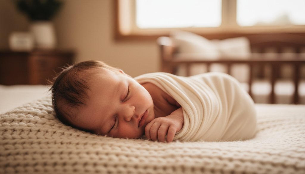 A serene newborn baby, wrapped in soft cream fabric, sleeping peacefully in a rustic wooden basket, illuminated by a warm, soft window light filtering through delicate lace curtains in a cosy Manifold Heights home, capturing the gentle newborn photography Manifold Heights cherished moments.