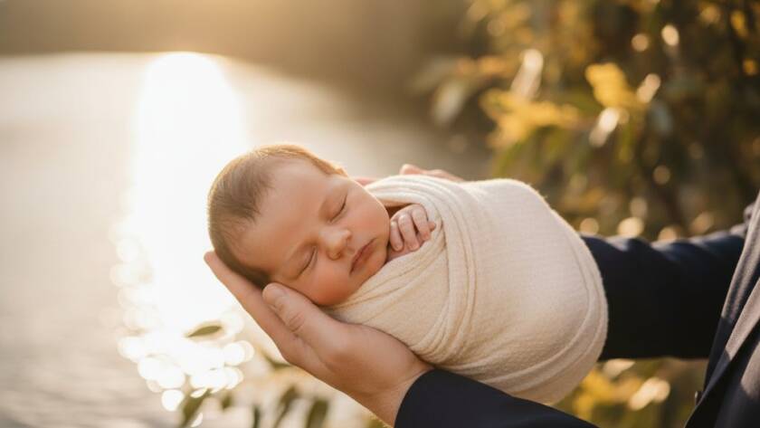 A tender, artistic close-up capturing a sleeping newborn baby swaddled in soft fabrics, cradled gently by a parent's hands, with the warm, golden light of a Maribyrnong riverside sunset gently illuminating the scene, embodying gentle newborn photography Maribyrnong riverside family memories.
