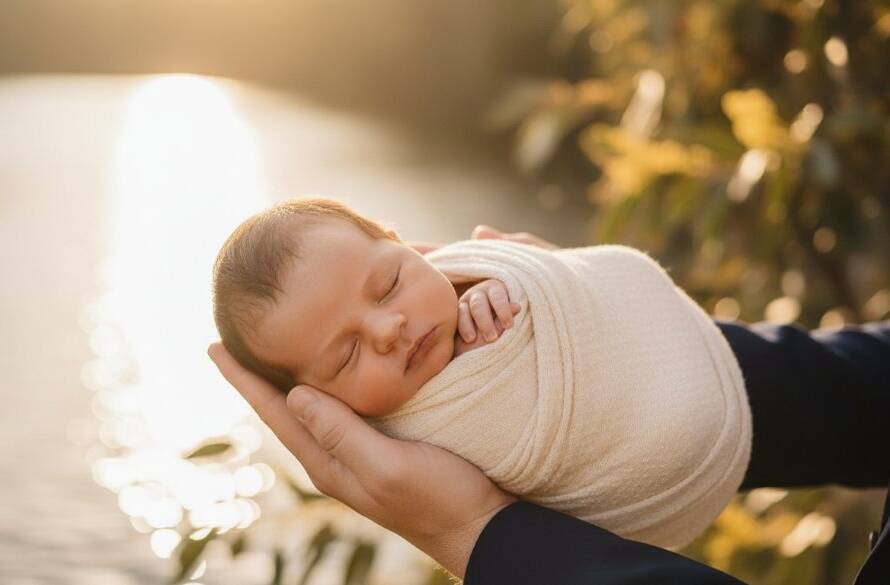 A tender, artistic close-up capturing a sleeping newborn baby swaddled in soft fabrics, cradled gently by a parent's hands, with the warm, golden light of a Maribyrnong riverside sunset gently illuminating the scene, embodying gentle newborn photography Maribyrnong riverside family memories.