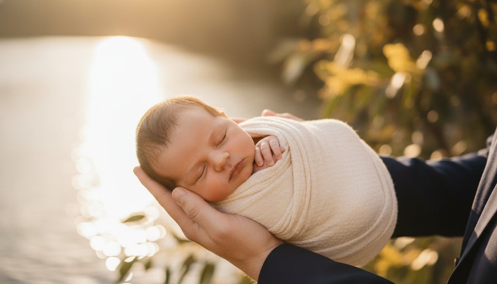 A tender, artistic close-up capturing a sleeping newborn baby swaddled in soft fabrics, cradled gently by a parent's hands, with the warm, golden light of a Maribyrnong riverside sunset gently illuminating the scene, embodying gentle newborn photography Maribyrnong riverside family memories.