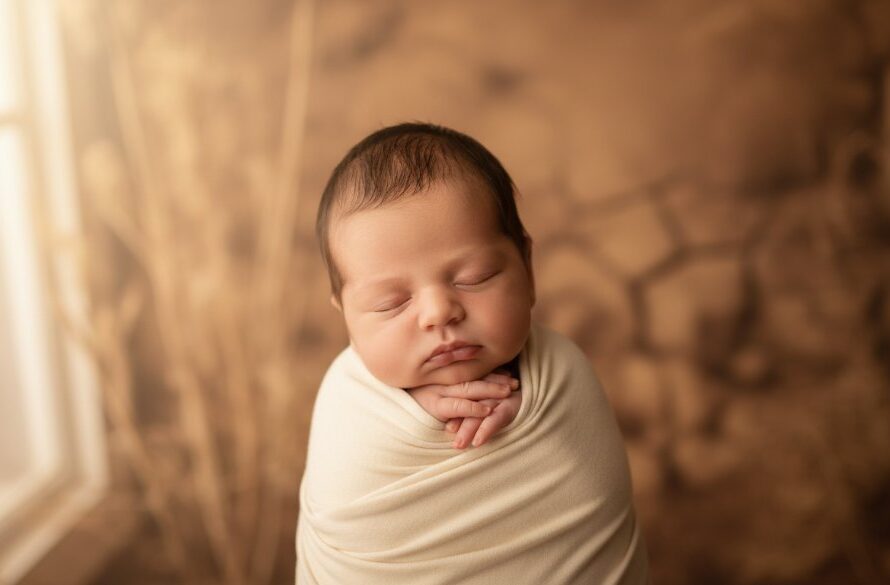 A tender, cinematically lit photograph capturing a newborn baby gently swaddled and sleeping peacefully in a rustic Merbein, Victoria, setting, with soft, natural light filtering through, embodying gentle newborn photography Merbein Victoria.