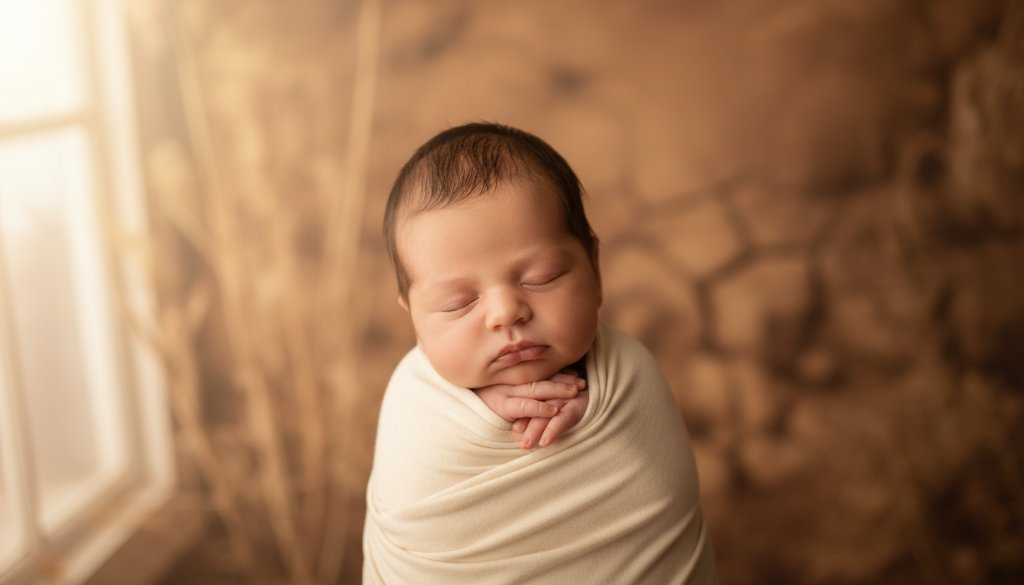 A tender, cinematically lit photograph capturing a newborn baby gently swaddled and sleeping peacefully in a rustic Merbein, Victoria, setting, with soft, natural light filtering through, embodying gentle newborn photography Merbein Victoria.