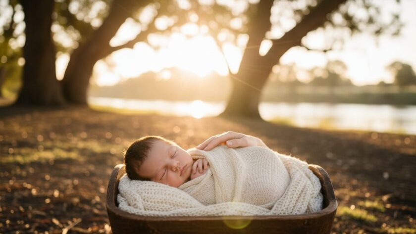 An emotionally resonant, professional photograph showing a newborn baby wrapped in a soft, cream swaddle, gently cradled in a parent's hands, with the warm, golden light of a sunrise over the serene Murray River in Moama softly illuminating the scene, embodying gentle newborn photography Moama Murray River.