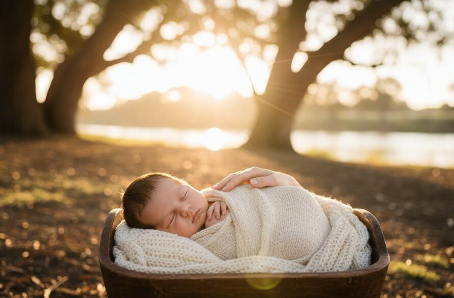 An emotionally resonant, professional photograph showing a newborn baby wrapped in a soft, cream swaddle, gently cradled in a parent's hands, with the warm, golden light of a sunrise over the serene Murray River in Moama softly illuminating the scene, embodying gentle newborn photography Moama Murray River.