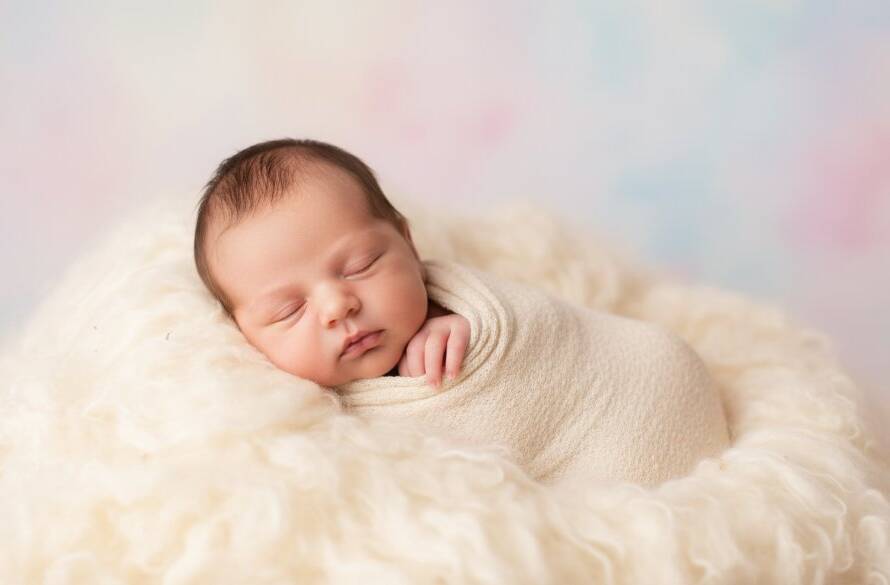 An ethereal image capturing gentle newborn photography in Narre Warren South, showing a sleeping baby swaddled in soft white, bathed in warm, cinematic light, surrounded by delicate florals in a dreamy, artistic composition, creating lasting memories.