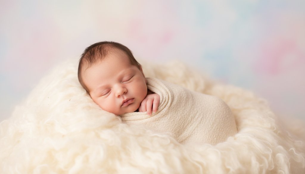 An ethereal image capturing gentle newborn photography in Narre Warren South, showing a sleeping baby swaddled in soft white, bathed in warm, cinematic light, surrounded by delicate florals in a dreamy, artistic composition, creating lasting memories.