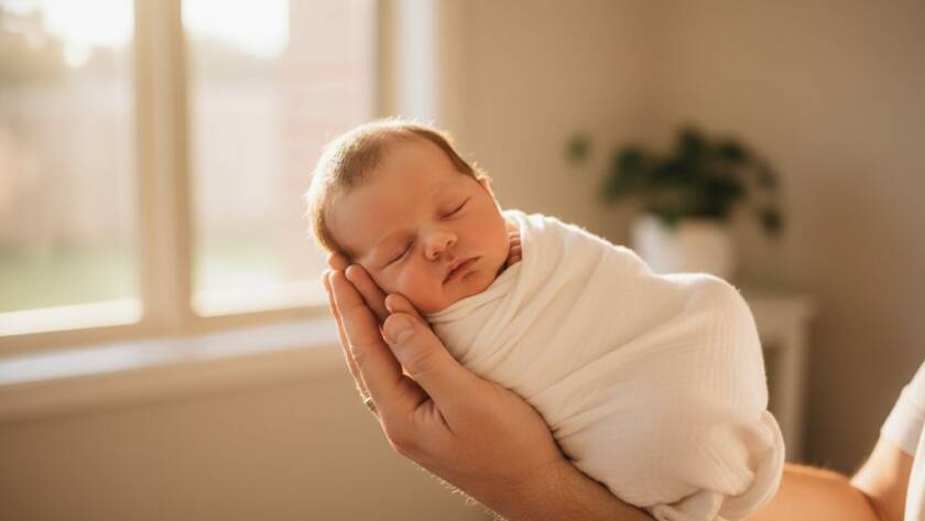 A tender, cinematic moment captured in Nunawading, featuring a sleeping newborn safely cradled in their parent's hands, bathed in soft, ethereal light, epitomizing gentle newborn photography Nunawading families can cherish forever.