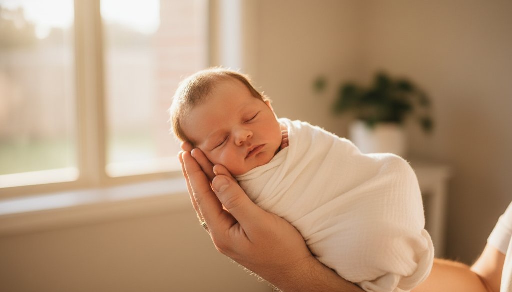 A tender, cinematic moment captured in Nunawading, featuring a sleeping newborn safely cradled in their parent's hands, bathed in soft, ethereal light, epitomizing gentle newborn photography Nunawading families can cherish forever.