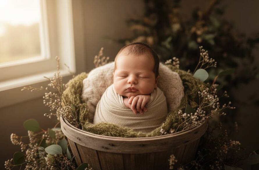 A stunning, soft-focus portrait showcasing gentle newborn photography Officer Victoria, featuring a peacefully sleeping baby swaddled in natural fibres, bathed in warm, ethereal light, capturing an epic moment of innocence and serenity.
