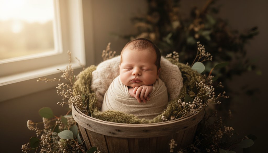 A stunning, soft-focus portrait showcasing gentle newborn photography Officer Victoria, featuring a peacefully sleeping baby swaddled in natural fibres, bathed in warm, ethereal light, capturing an epic moment of innocence and serenity.