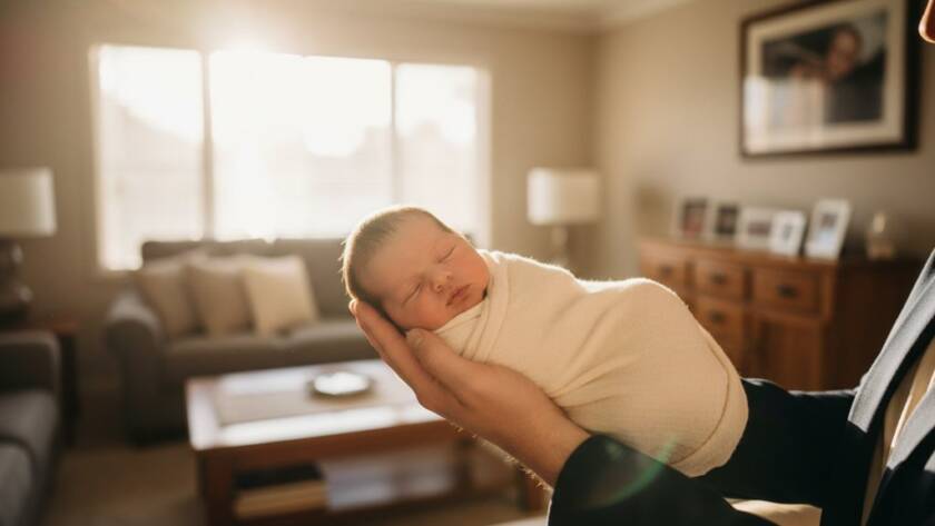 A serene, beautifully lit 'epic moment' photograph showcasing gentle newborn photography Ormond family homes, featuring a sleeping baby cradled by a parent's hands in a sun-drenched Ormond living room, capturing the profound love and quiet beauty of early parenthood.