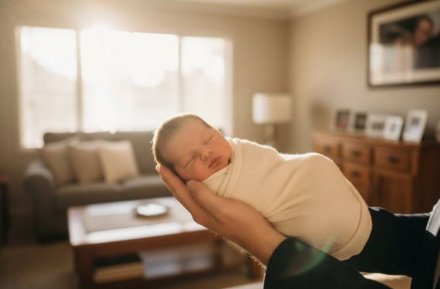 A serene, beautifully lit 'epic moment' photograph showcasing gentle newborn photography Ormond family homes, featuring a sleeping baby cradled by a parent's hands in a sun-drenched Ormond living room, capturing the profound love and quiet beauty of early parenthood.