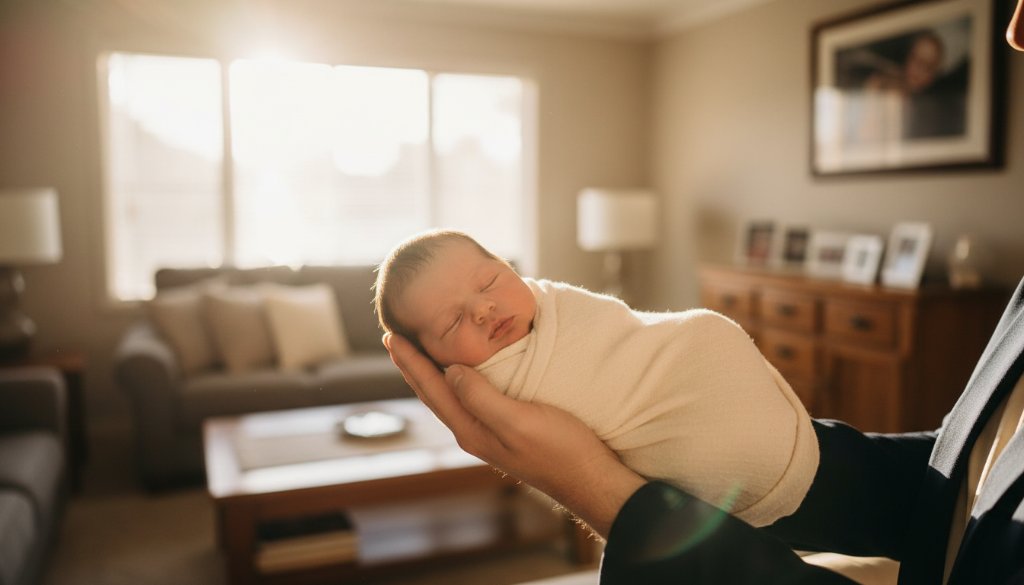 A serene, beautifully lit 'epic moment' photograph showcasing gentle newborn photography Ormond family homes, featuring a sleeping baby cradled by a parent's hands in a sun-drenched Ormond living room, capturing the profound love and quiet beauty of early parenthood.