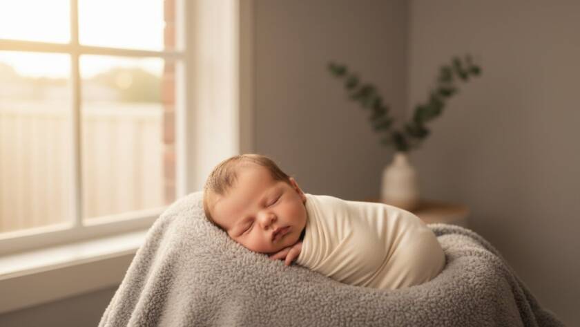A close-up, dreamlike portrait captured by gentle newborn photography Ringwood East specialists, showing a sleeping baby swaddled in soft fabric, bathed in warm, ethereal light from a window overlooking a leafy Ringwood East garden, evoking peace and innocence.