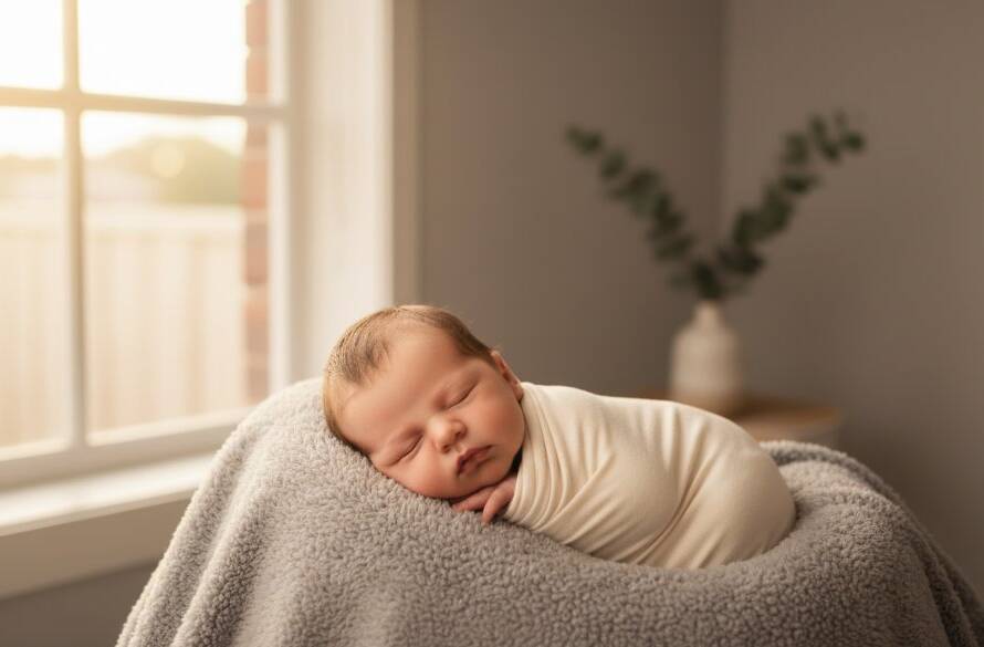 A close-up, dreamlike portrait captured by gentle newborn photography Ringwood East specialists, showing a sleeping baby swaddled in soft fabric, bathed in warm, ethereal light from a window overlooking a leafy Ringwood East garden, evoking peace and innocence.