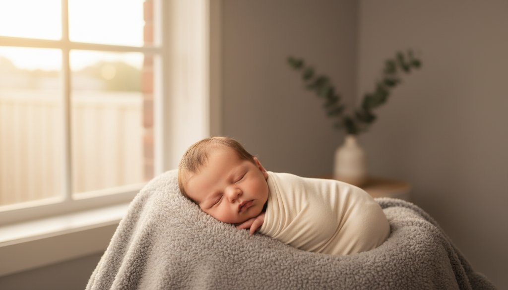 A close-up, dreamlike portrait captured by gentle newborn photography Ringwood East specialists, showing a sleeping baby swaddled in soft fabric, bathed in warm, ethereal light from a window overlooking a leafy Ringwood East garden, evoking peace and innocence.