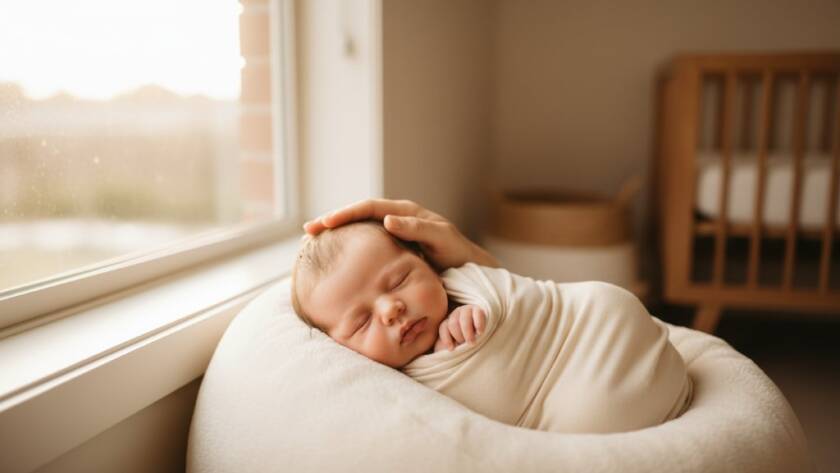 A professional, color-graded, cinematic photograph showing a newborn baby wrapped gently, nestled in a soft, cream-coloured faux fur blanket, with a parent's hand softly caressing their head, bathed in warm, ethereal window light in a cozy Ringwood studio, capturing the gentle newborn photography Ringwood families treasure, with a serene and loving mood.