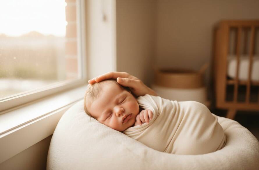 A professional, color-graded, cinematic photograph showing a newborn baby wrapped gently, nestled in a soft, cream-coloured faux fur blanket, with a parent's hand softly caressing their head, bathed in warm, ethereal window light in a cozy Ringwood studio, capturing the gentle newborn photography Ringwood families treasure, with a serene and loving mood.