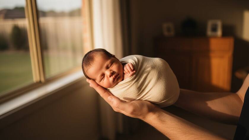 An intimate, dramatically lit photograph capturing a tiny newborn baby delicately nestled in a soft white wrap, with parent's hands gently supporting, showcasing gentle newborn photography sessions Bayswater Victoria with profound love and serenity.