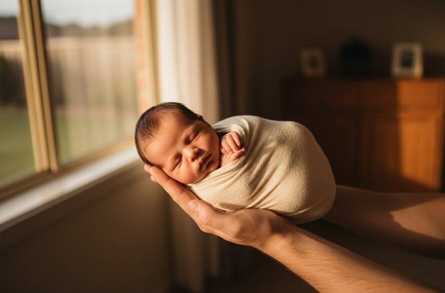 An intimate, dramatically lit photograph capturing a tiny newborn baby delicately nestled in a soft white wrap, with parent's hands gently supporting, showcasing gentle newborn photography sessions Bayswater Victoria with profound love and serenity.