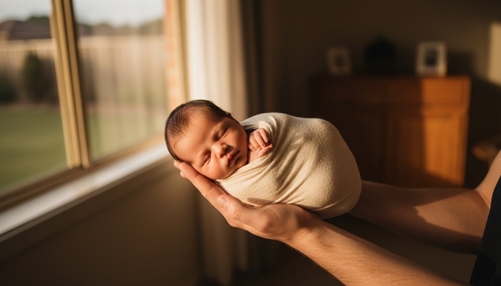 An intimate, dramatically lit photograph capturing a tiny newborn baby delicately nestled in a soft white wrap, with parent's hands gently supporting, showcasing gentle newborn photography sessions Bayswater Victoria with profound love and serenity.