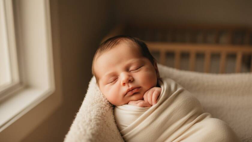 An angelic newborn baby, softly swaddled and sleeping peacefully in a gentle pose, bathed in dramatic, warm golden light from a nearby window, creating a serene and timeless portrait, perfectly representing gentle newborn photography sessions McKinnon homes.