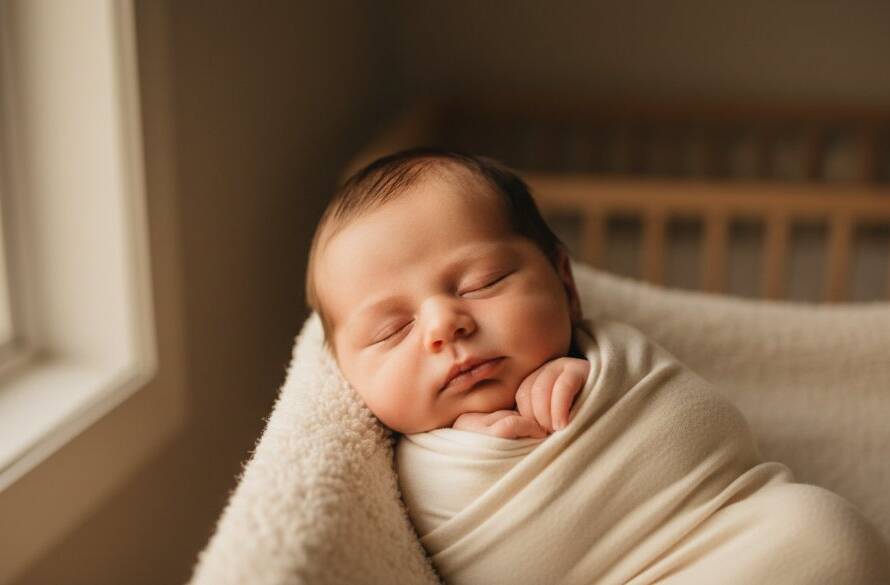 An angelic newborn baby, softly swaddled and sleeping peacefully in a gentle pose, bathed in dramatic, warm golden light from a nearby window, creating a serene and timeless portrait, perfectly representing gentle newborn photography sessions McKinnon homes.