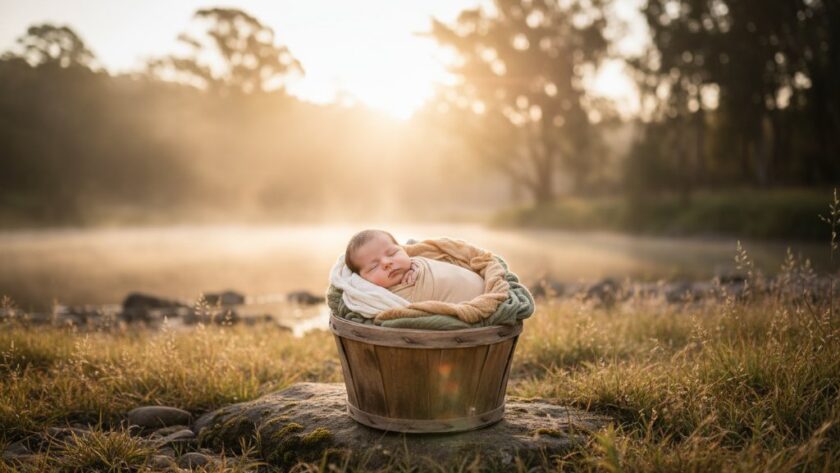 A serene, artistic portrait of a newborn baby swaddled in soft fabric, gently held in a parent's hands, with the warm, golden light of a sunrise over the Goulburn River in Seymour, Victoria, softly illuminating the scene, embodying gentle newborn photography Seymour capturing fleeting moments.