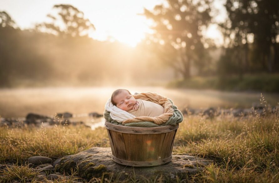A serene, artistic portrait of a newborn baby swaddled in soft fabric, gently held in a parent's hands, with the warm, golden light of a sunrise over the Goulburn River in Seymour, Victoria, softly illuminating the scene, embodying gentle newborn photography Seymour capturing fleeting moments.