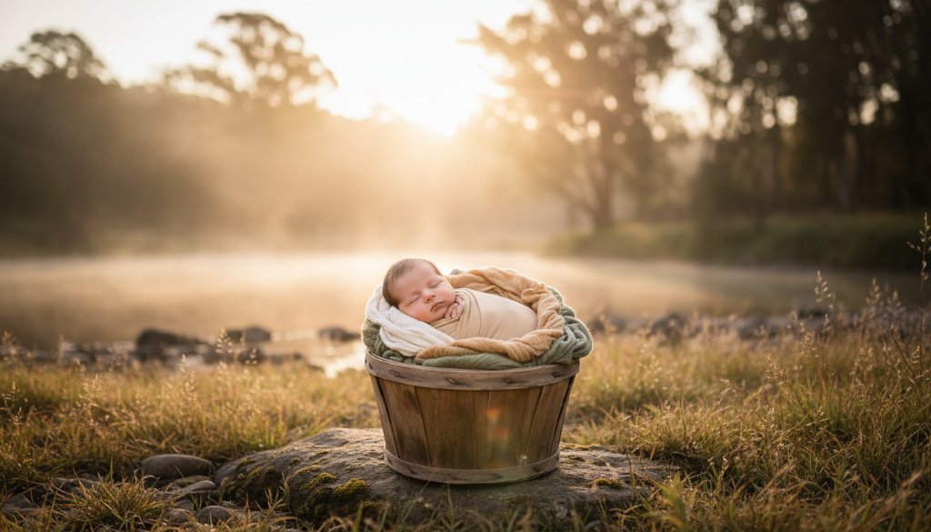 A serene, artistic portrait of a newborn baby swaddled in soft fabric, gently held in a parent's hands, with the warm, golden light of a sunrise over the Goulburn River in Seymour, Victoria, softly illuminating the scene, embodying gentle newborn photography Seymour capturing fleeting moments.