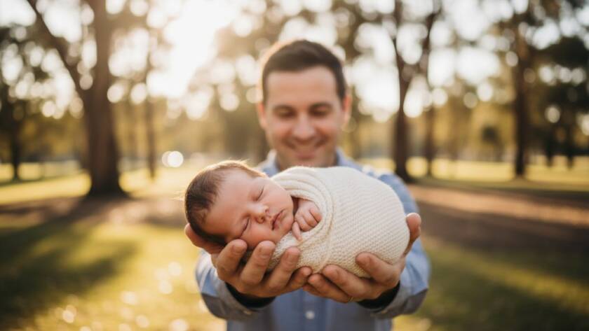 A heartwarming, softly lit outdoor portrait capturing gentle newborn photography Skye Victoria, featuring a sleeping baby nestled safely in parents' arms against a blurred, sun-kissed natural backdrop of Skye, Victoria, evoking pure family bliss.