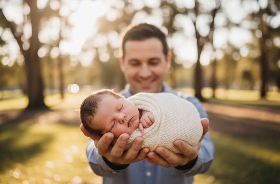 A heartwarming, softly lit outdoor portrait capturing gentle newborn photography Skye Victoria, featuring a sleeping baby nestled safely in parents' arms against a blurred, sun-kissed natural backdrop of Skye, Victoria, evoking pure family bliss.