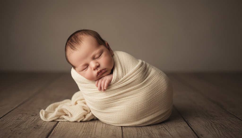 Epic moment captured in Springvale of a newborn baby sleeping peacefully in a rustic wooden basket, bathed in soft, warm window light, symbolizing gentle newborn photography Springvale preserving delicate first moments.