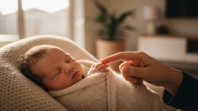 An intimate, emotionally charged photograph of gentle newborn photography The Basin families, showing a tiny baby's hand gently clasping a parent's finger, bathed in soft, natural light, creating an epic moment of connection.