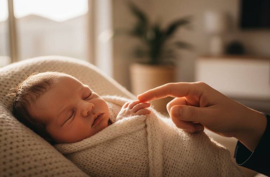 An intimate, emotionally charged photograph of gentle newborn photography The Basin families, showing a tiny baby's hand gently clasping a parent's finger, bathed in soft, natural light, creating an epic moment of connection.