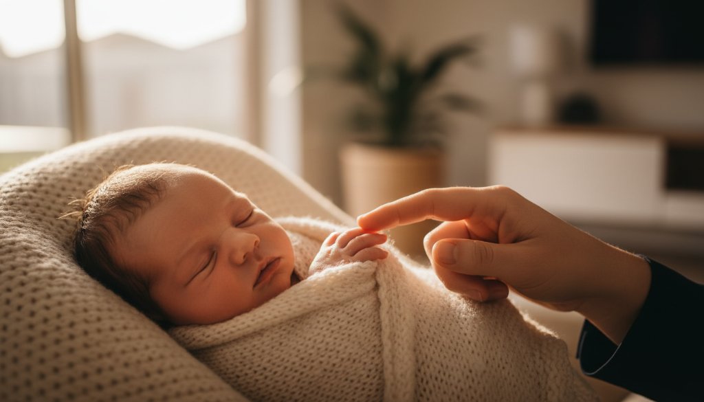 An intimate, emotionally charged photograph of gentle newborn photography The Basin families, showing a tiny baby's hand gently clasping a parent's finger, bathed in soft, natural light, creating an epic moment of connection.