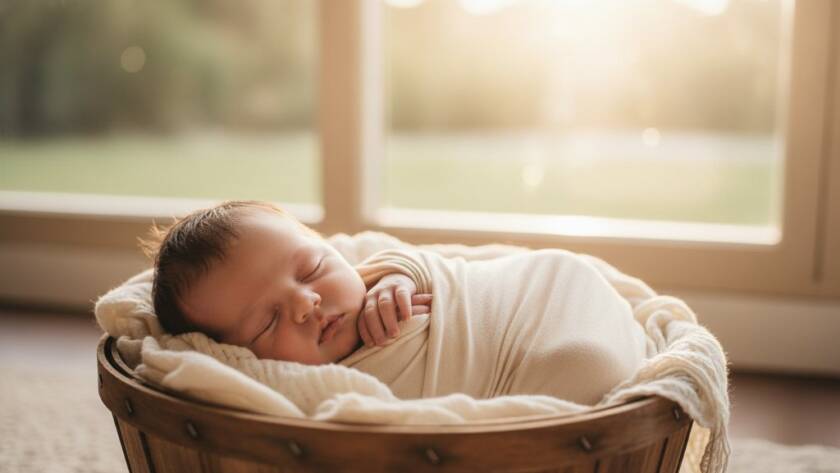 A tender close-up of a newborn baby's tiny hand gently gripping a parent's finger, bathed in soft, golden morning light filtering through eucalyptus leaves, embodying gentle newborn photography in Upper Ferntree Gully, Victoria, with a cinematic, artistic feel.