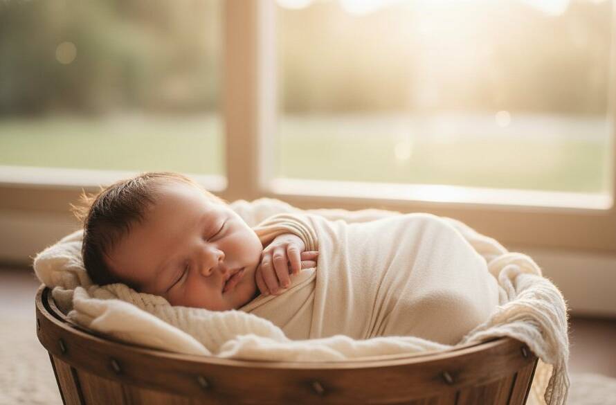 A tender close-up of a newborn baby's tiny hand gently gripping a parent's finger, bathed in soft, golden morning light filtering through eucalyptus leaves, embodying gentle newborn photography in Upper Ferntree Gully, Victoria, with a cinematic, artistic feel.
