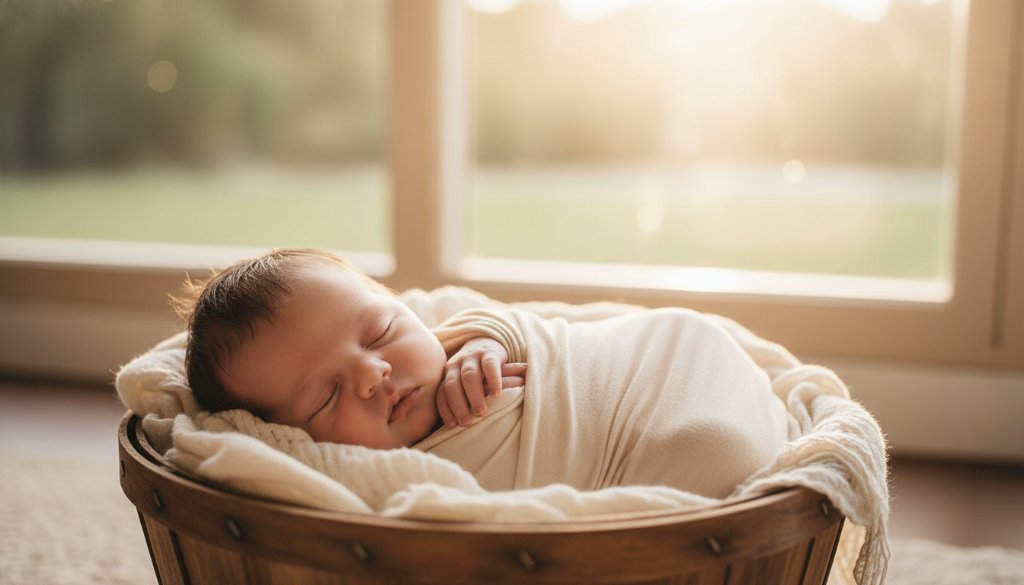 A tender close-up of a newborn baby's tiny hand gently gripping a parent's finger, bathed in soft, golden morning light filtering through eucalyptus leaves, embodying gentle newborn photography in Upper Ferntree Gully, Victoria, with a cinematic, artistic feel.