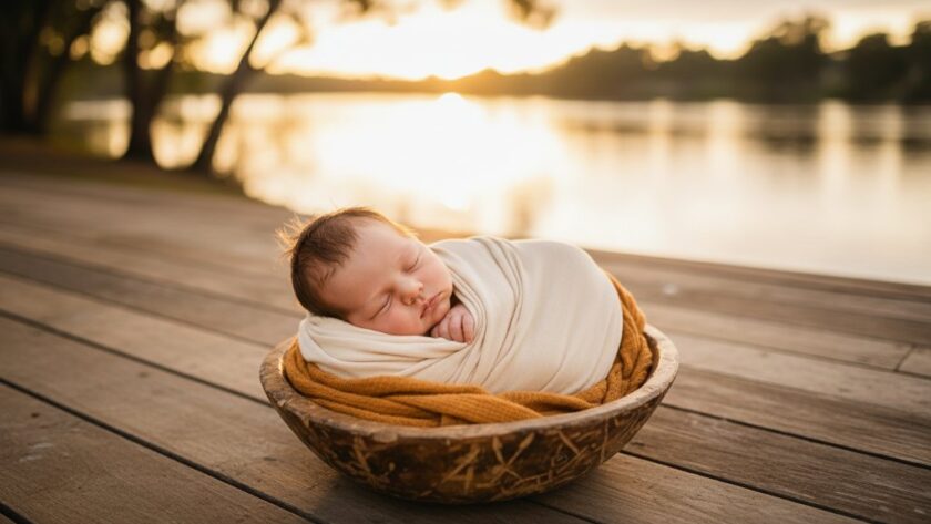 A heartwarming, epic moment photograph showing a newborn baby peacefully sleeping, swaddled in soft natural fabrics, nestled in a vintage wooden basket on a sun-drenched veranda overlooking the serene Murray River in Yarrawonga, Victoria. The scene is bathed in warm, gentle morning light, highlighting the baby's delicate features, captured during a gentle newborn photography Yarrawonga Victoria session.