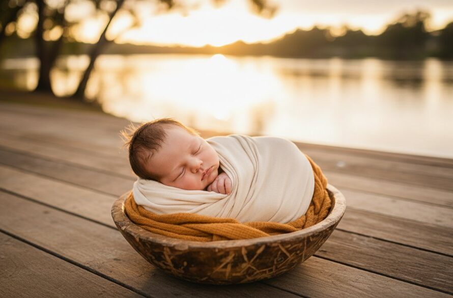 A heartwarming, epic moment photograph showing a newborn baby peacefully sleeping, swaddled in soft natural fabrics, nestled in a vintage wooden basket on a sun-drenched veranda overlooking the serene Murray River in Yarrawonga, Victoria. The scene is bathed in warm, gentle morning light, highlighting the baby's delicate features, captured during a gentle newborn photography Yarrawonga Victoria session.