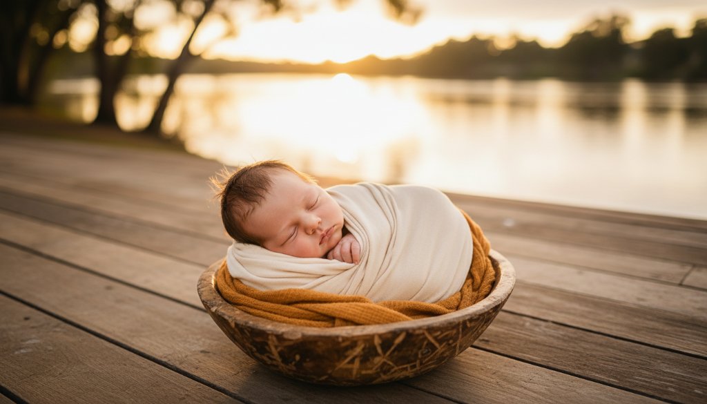 A heartwarming, epic moment photograph showing a newborn baby peacefully sleeping, swaddled in soft natural fabrics, nestled in a vintage wooden basket on a sun-drenched veranda overlooking the serene Murray River in Yarrawonga, Victoria. The scene is bathed in warm, gentle morning light, highlighting the baby's delicate features, captured during a gentle newborn photography Yarrawonga Victoria session.