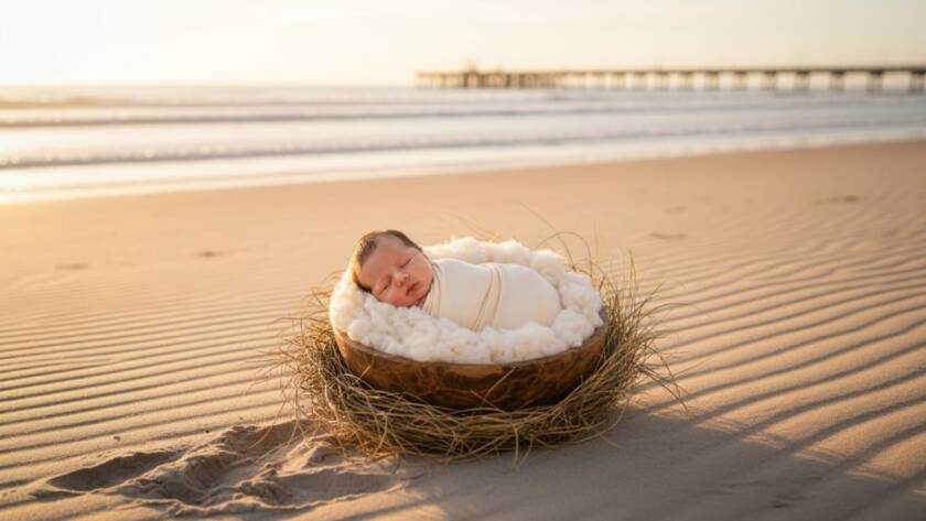 A beautifully composed, cinematic photograph from a gentle newborn photoshoot Aspendale beachside, showing a baby wrapped in soft linen, gently asleep on a rustic wooden prop, with the serene, golden-hour Aspendale beach and shimmering water in the softly blurred background, captured with dramatic, warm lighting.