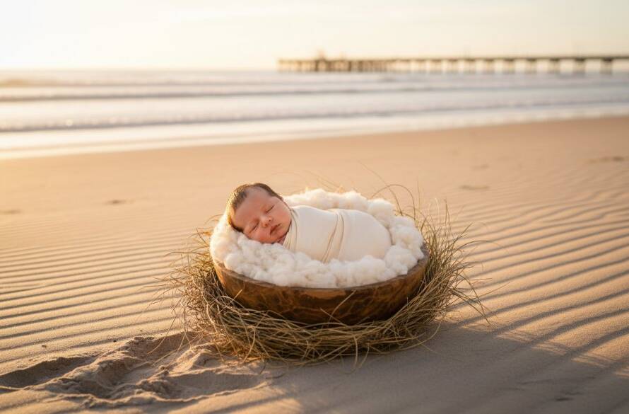 A beautifully composed, cinematic photograph from a gentle newborn photoshoot Aspendale beachside, showing a baby wrapped in soft linen, gently asleep on a rustic wooden prop, with the serene, golden-hour Aspendale beach and shimmering water in the softly blurred background, captured with dramatic, warm lighting.
