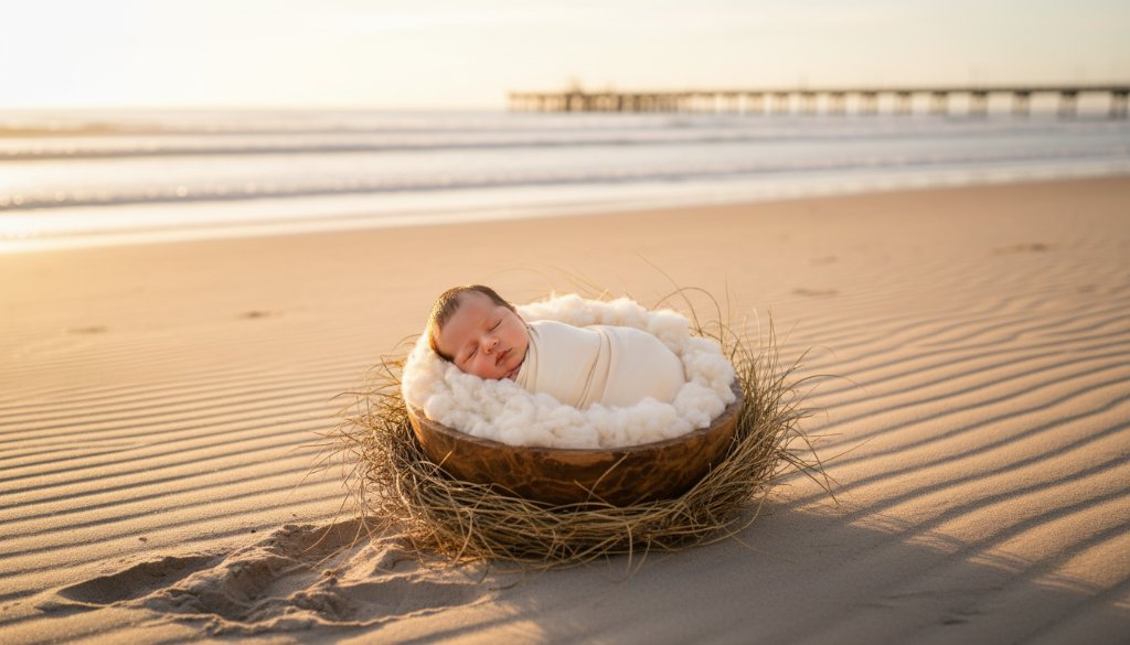 A beautifully composed, cinematic photograph from a gentle newborn photoshoot Aspendale beachside, showing a baby wrapped in soft linen, gently asleep on a rustic wooden prop, with the serene, golden-hour Aspendale beach and shimmering water in the softly blurred background, captured with dramatic, warm lighting.
