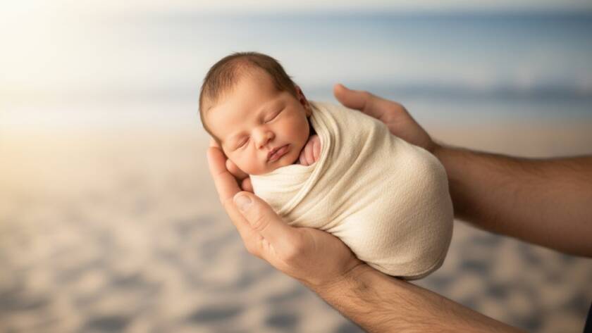 An intimate, heartwarming 'epic moment' photograph capturing a newborn baby gently swaddled in soft, earthy tones, nestled peacefully in their parents' arms against a soft-focus backdrop reminiscent of Carrum's coastal light, symbolizing the tender bond during a gentle newborn photoshoot Carrum Victoria.