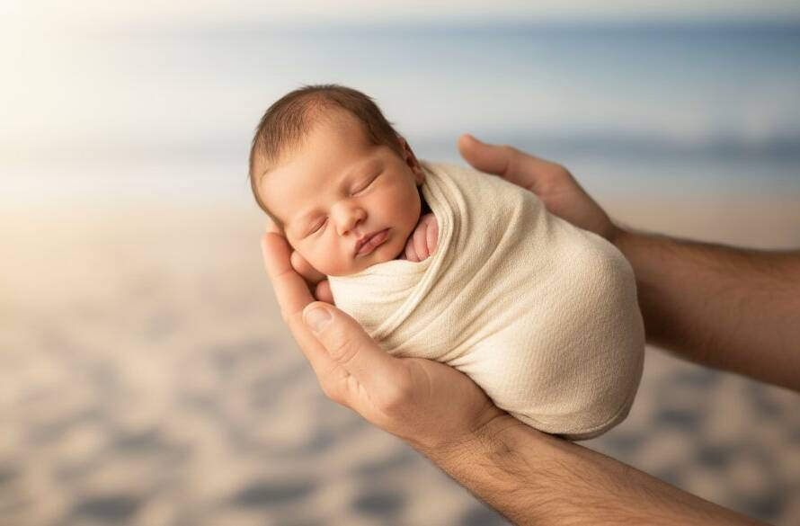 An intimate, heartwarming 'epic moment' photograph capturing a newborn baby gently swaddled in soft, earthy tones, nestled peacefully in their parents' arms against a soft-focus backdrop reminiscent of Carrum's coastal light, symbolizing the tender bond during a gentle newborn photoshoot Carrum Victoria.