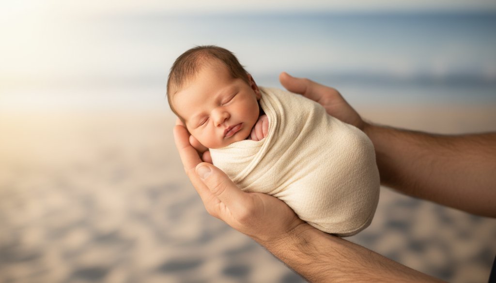 An intimate, heartwarming 'epic moment' photograph capturing a newborn baby gently swaddled in soft, earthy tones, nestled peacefully in their parents' arms against a soft-focus backdrop reminiscent of Carrum's coastal light, symbolizing the tender bond during a gentle newborn photoshoot Carrum Victoria.