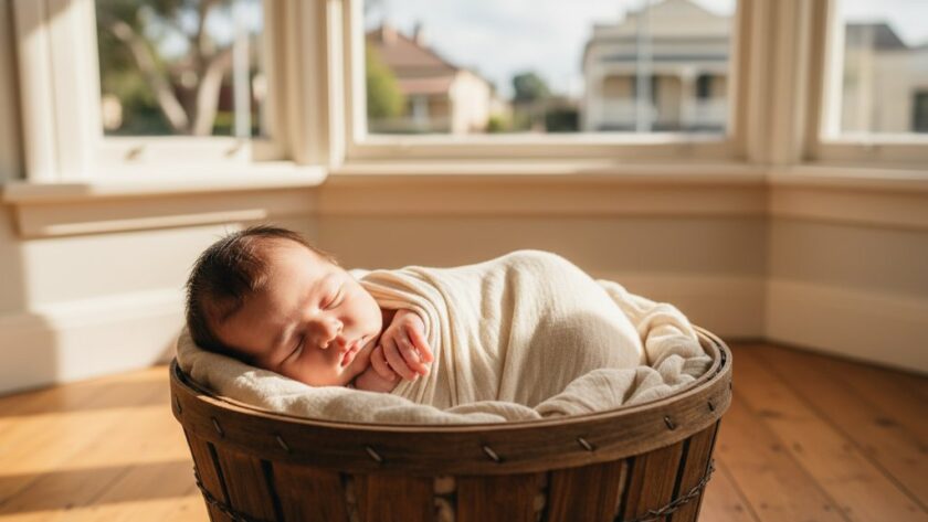 A tender, heartwarming close-up of a newborn baby's tiny hands gently holding a parent's finger, bathed in soft, ethereal light from a window overlooking a classic East Geelong streetscape, capturing the essence of gentle newborn portraits East Geelong VIC in an epic, professional photograph.